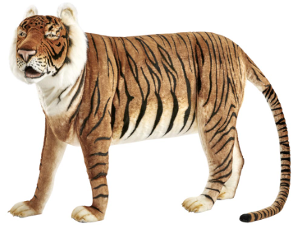 Lebensechter Plüsch-Tiger stehend aus weichem Fell.