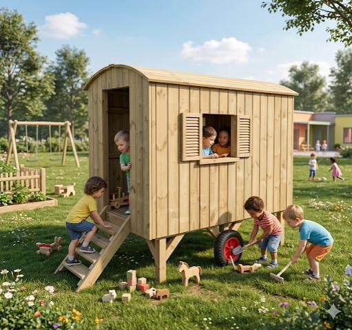 Bauwagen mitten im Kindergarten mit spielenden Kindern, 20.3.2026